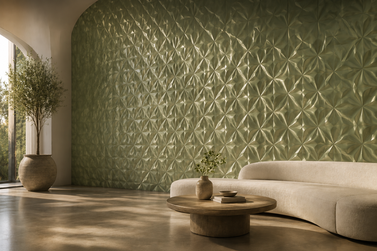 Clean Tech Hub — sculptural 3D wall mural in a sunlit living space